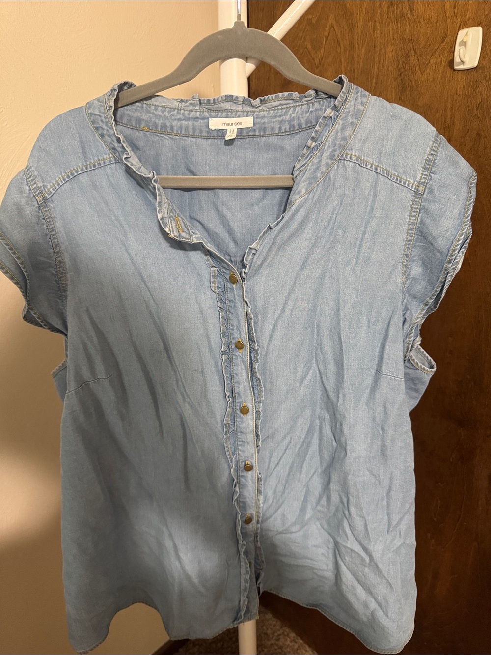 Maurices Light Blue Chambray Ruffle-Trim Button Down Top